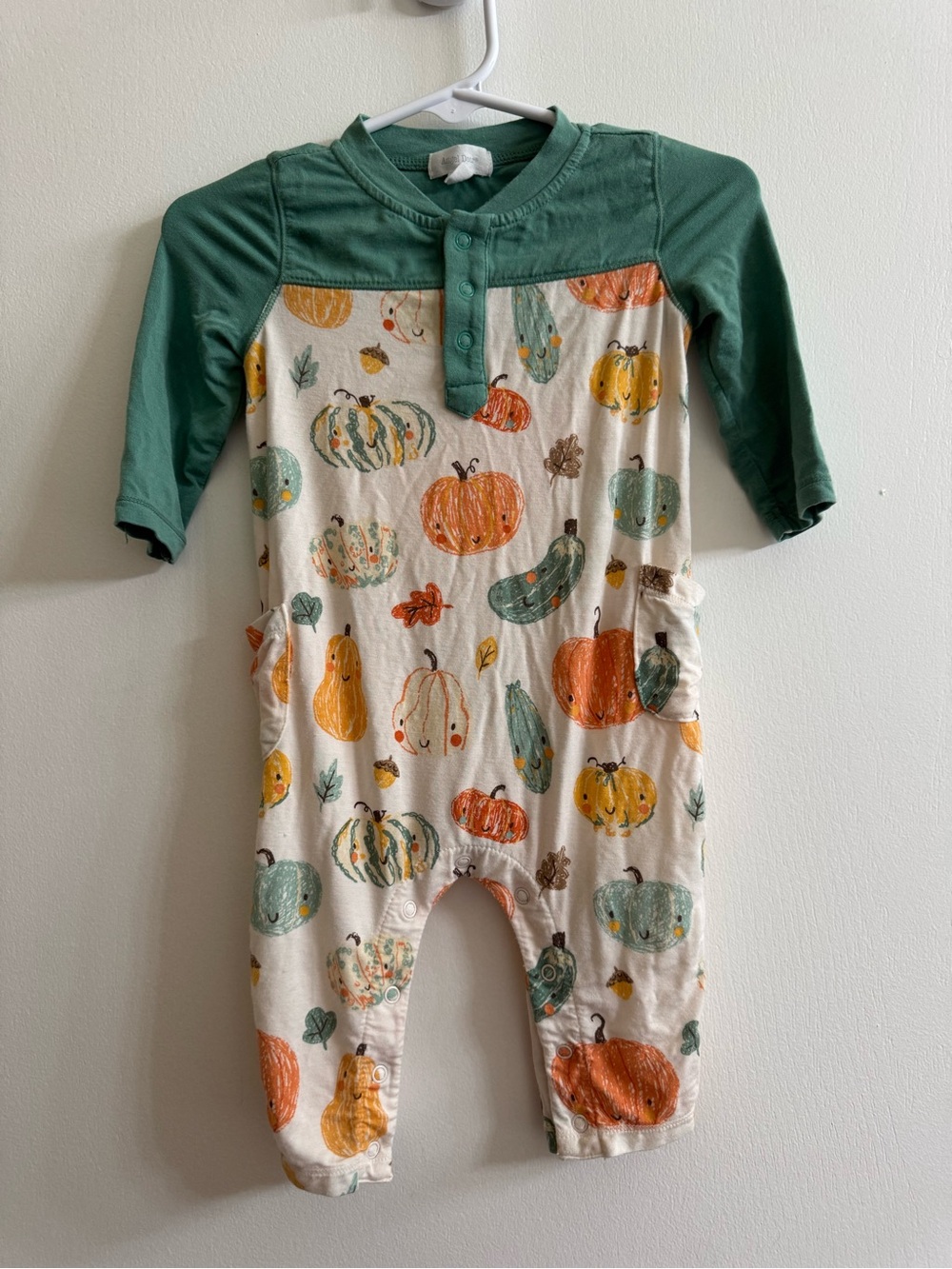 Angel Dear Fall Print One-Piece Romper in Green and Cream